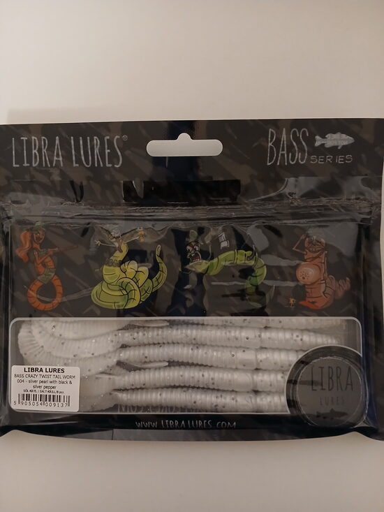 Bass Crazy Twist Tail Worm, 004-Silver Pearl With Black& Silver Pepper, Salt-Krill, 6,8gr, 8psc/pack